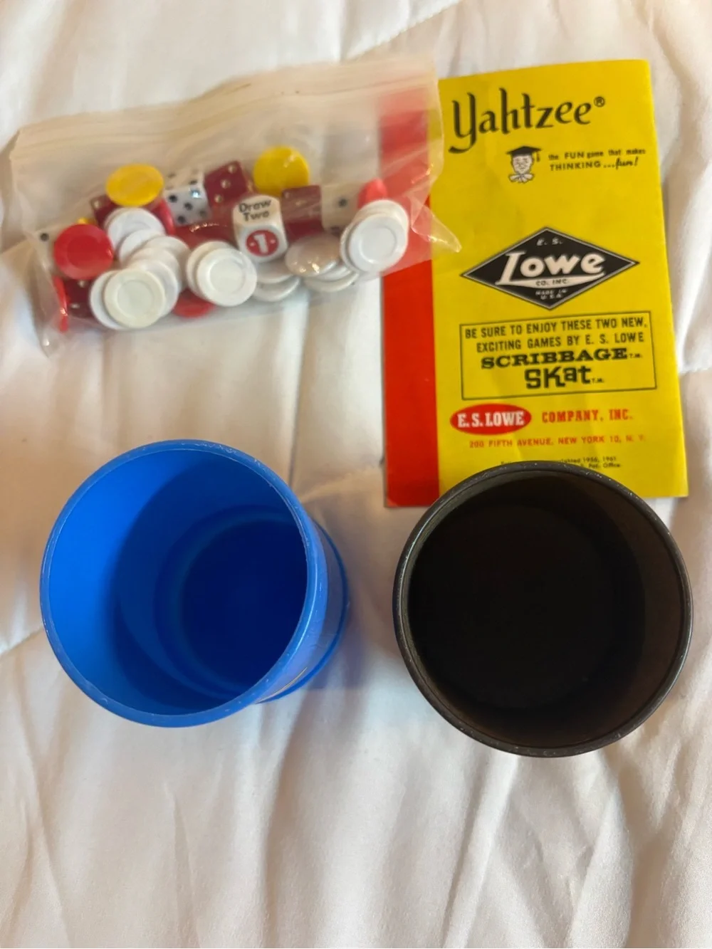 Vintage 2 Yahtzee Dice Cups & Accessories - dice and chips